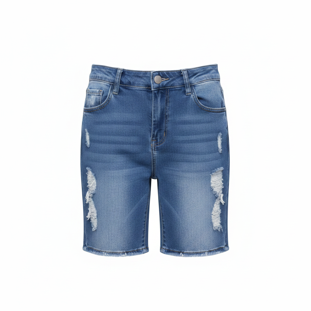 Women's blue distressed denim shorts - ghost mannequin front view