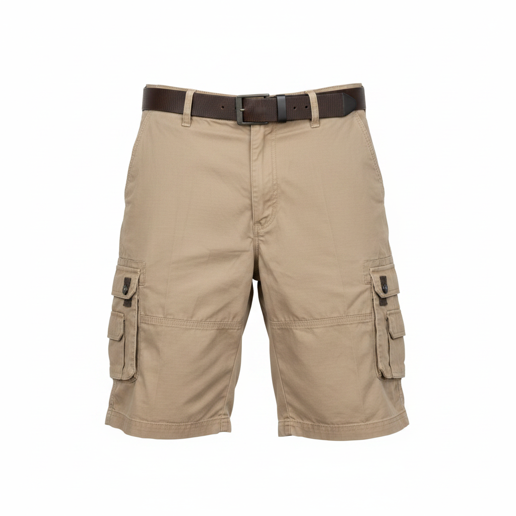 Ghost mannequin view of Men's Khaki Sand Beige Multi-Pocket Cargo Shorts