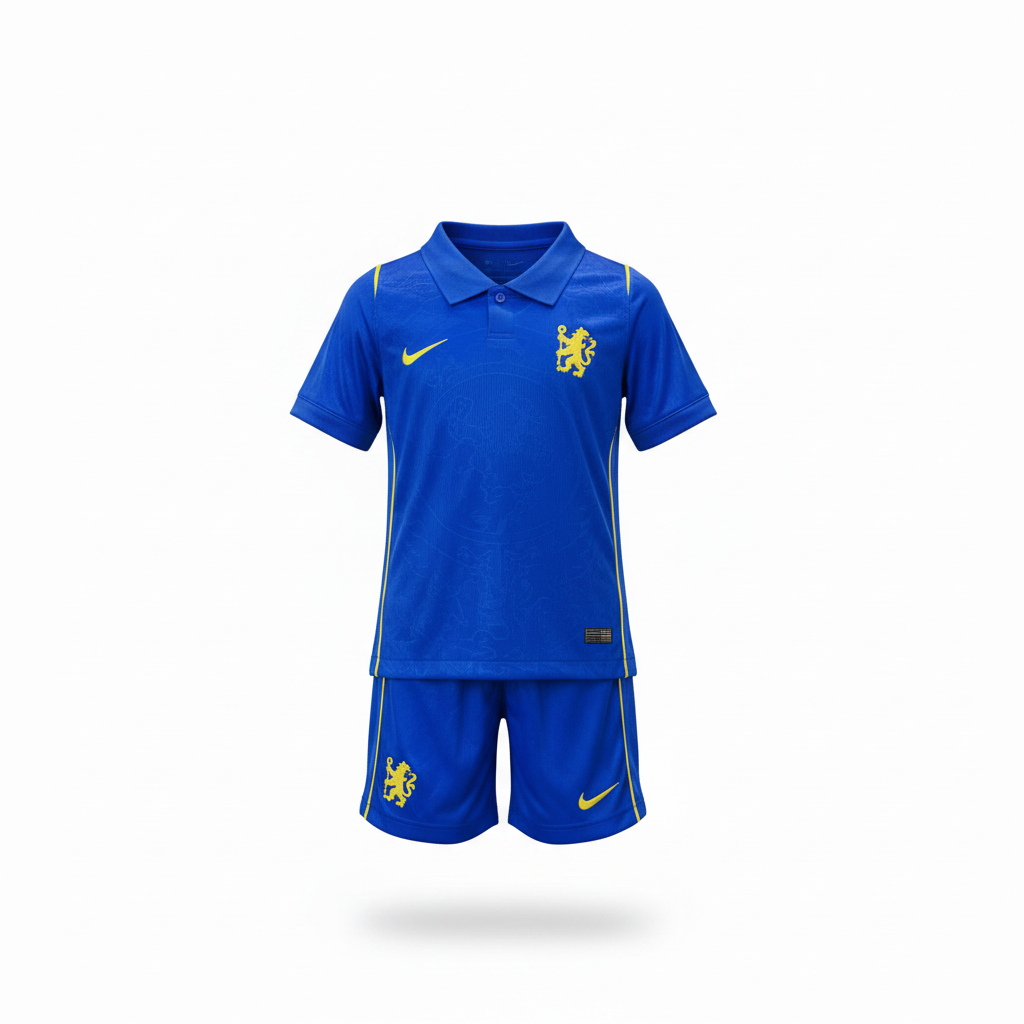 Kids' royal blue football jersey set – ghost mannequin front view on white background
