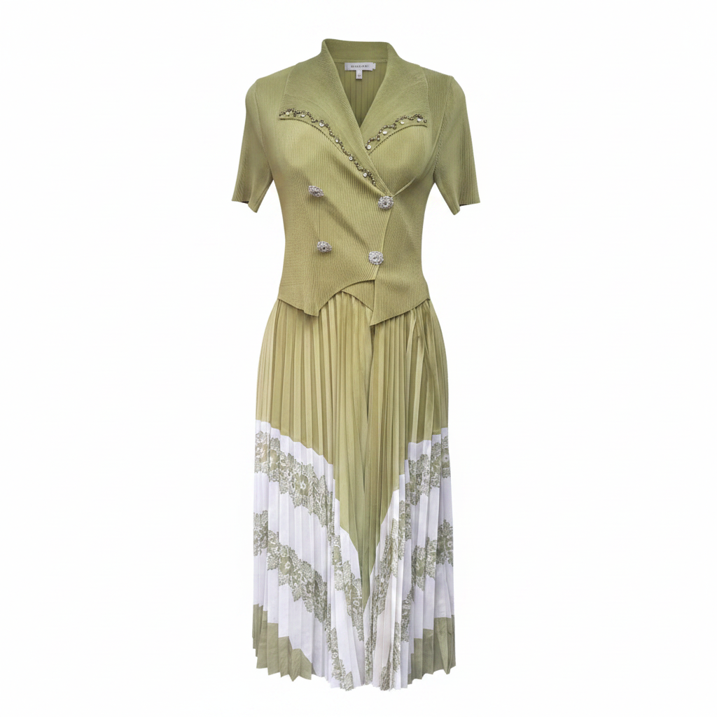 Women's olive green crystal bead trim pleated lace hem midi dress - ghost mannequin front view