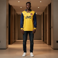 Yellow & Navy Retro Long Sleeve Away Jersey – Model Shot
