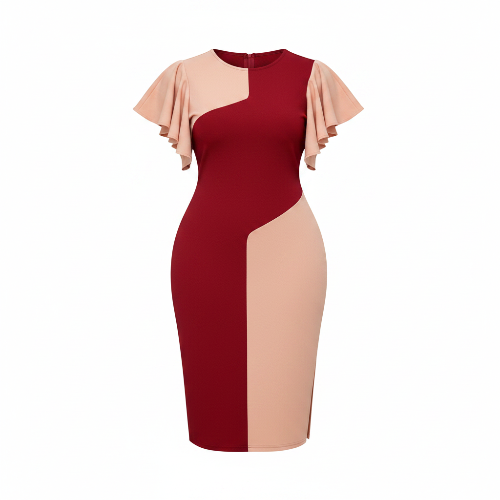 Women's crimson red and blush diagonal colorblock flutter sleeve bodycon midi dress - ghost mannequin view