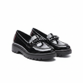 Women's black patent leather platform loafers with chain detail ghost mannequin pair view