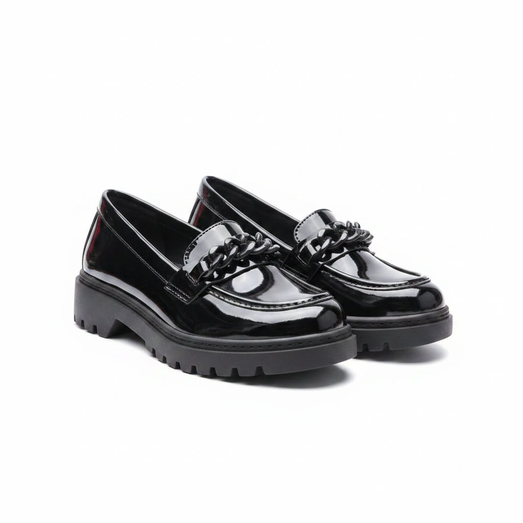 Women's black patent leather platform loafers with chain detail ghost mannequin pair view