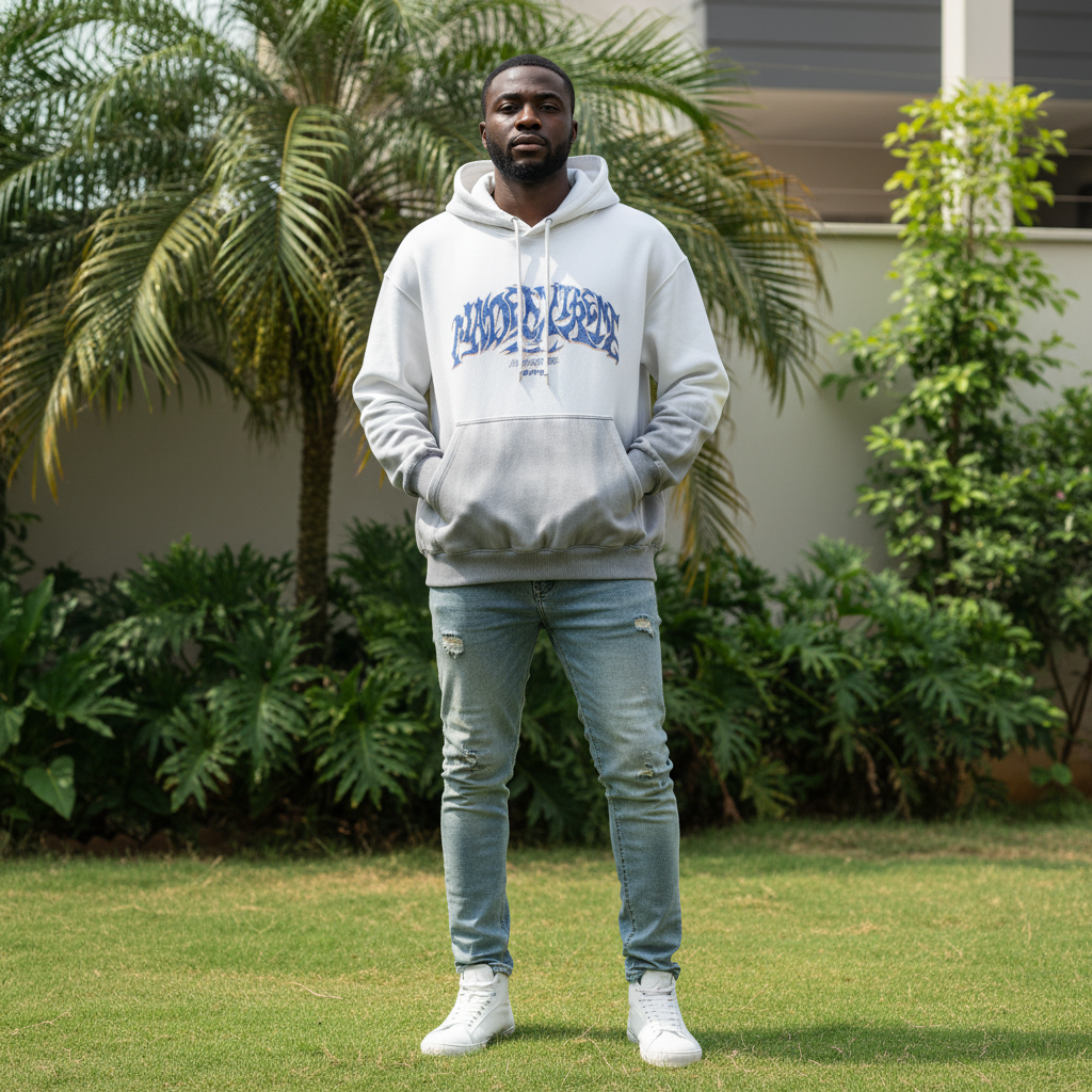 White grey ombre graffiti hoodie front view on Nigerian male model