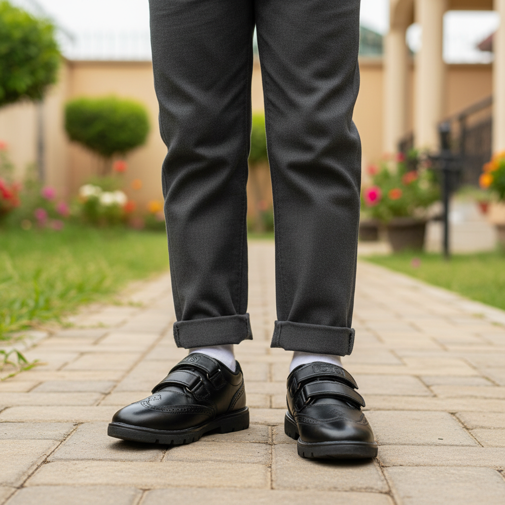 Kids black school shoe worn — leg focus shot