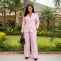Nigerian female model wearing women's lilac two-piece collarless blazer suit set – lifestyle shot