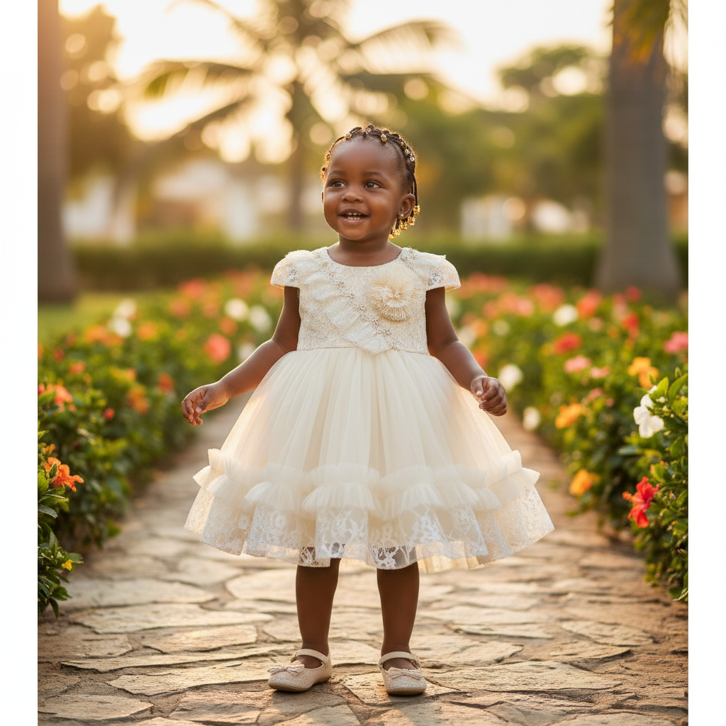 Young Nigerian toddler girl wearing champagne rosette lace puff sleeve tulle party dress