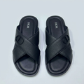 Men's black leather cross-strap slide sandals with monogram emblem, front view