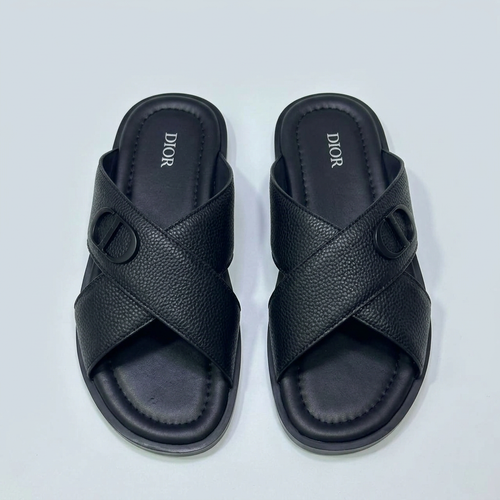 Men's black leather cross-strap slide sandals with monogram emblem, front view