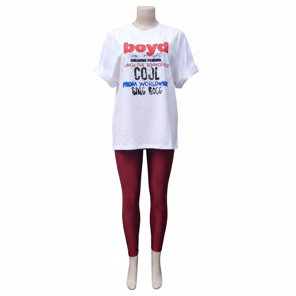Women's white oversized multicolour slogan graphic tee and burgundy leggings set - ghost mannequin front view