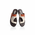 Men's tan and cream ostrich-embossed leather slide sandals ghost mannequin front view