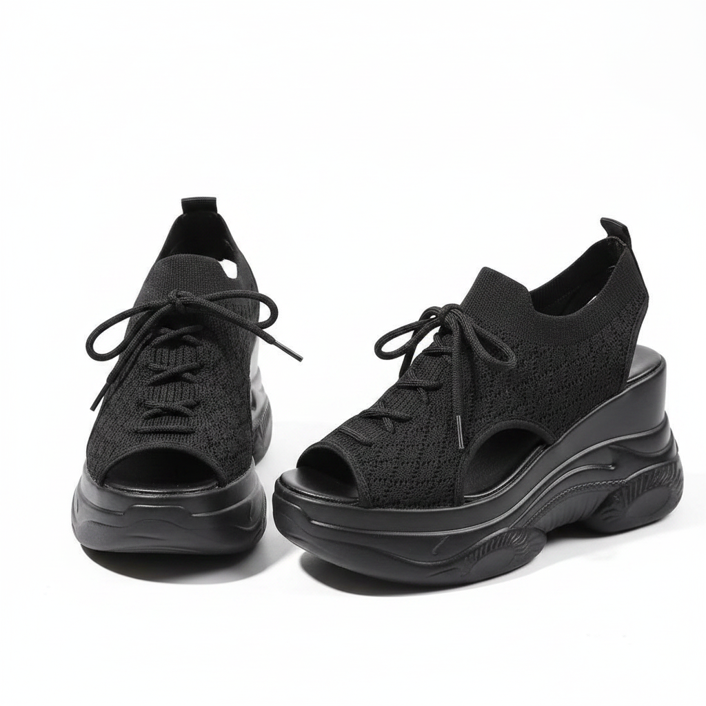 Pair of all-black peep-toe knit wedge sneakers with lace-up detail and chunky wedge sole on white background