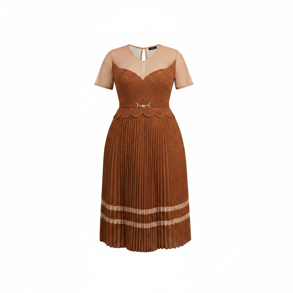 Women's caramel brown illusion sweetheart pleated midi gown – ghost mannequin front view