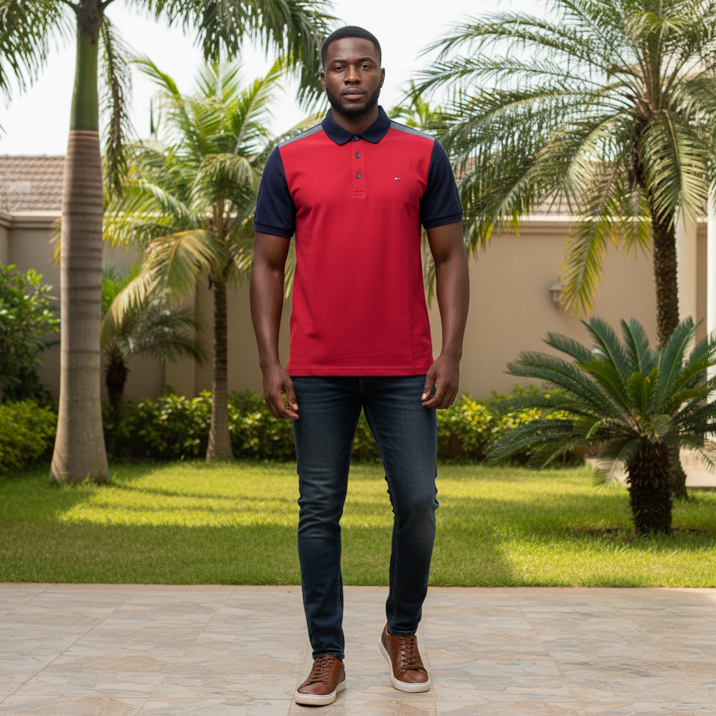 Nigerian male model wearing men's red and navy colour-block polo shirt with grey shoulder accent, garden setting