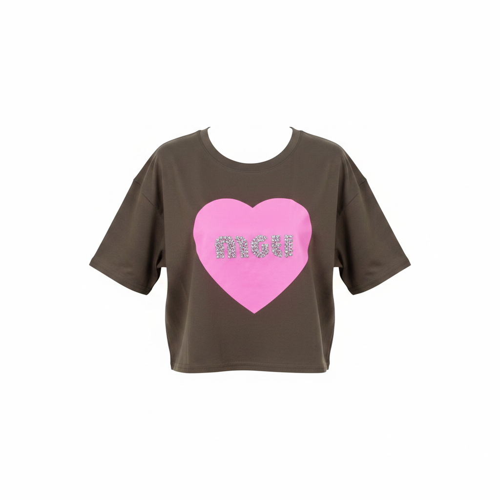 Women's olive brown rhinestone heart graphic crop top - ghost mannequin front view