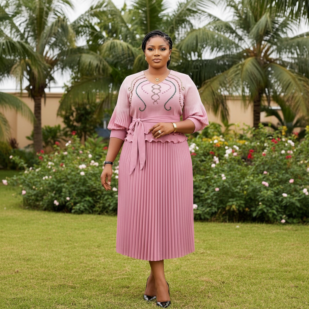 Women's Dusty Pink Embroidered Pleated Peplum Midi Gown - Nigerian Female Model