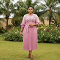 Women's Dusty Pink Embroidered Pleated Peplum Midi Gown - Nigerian Female Model