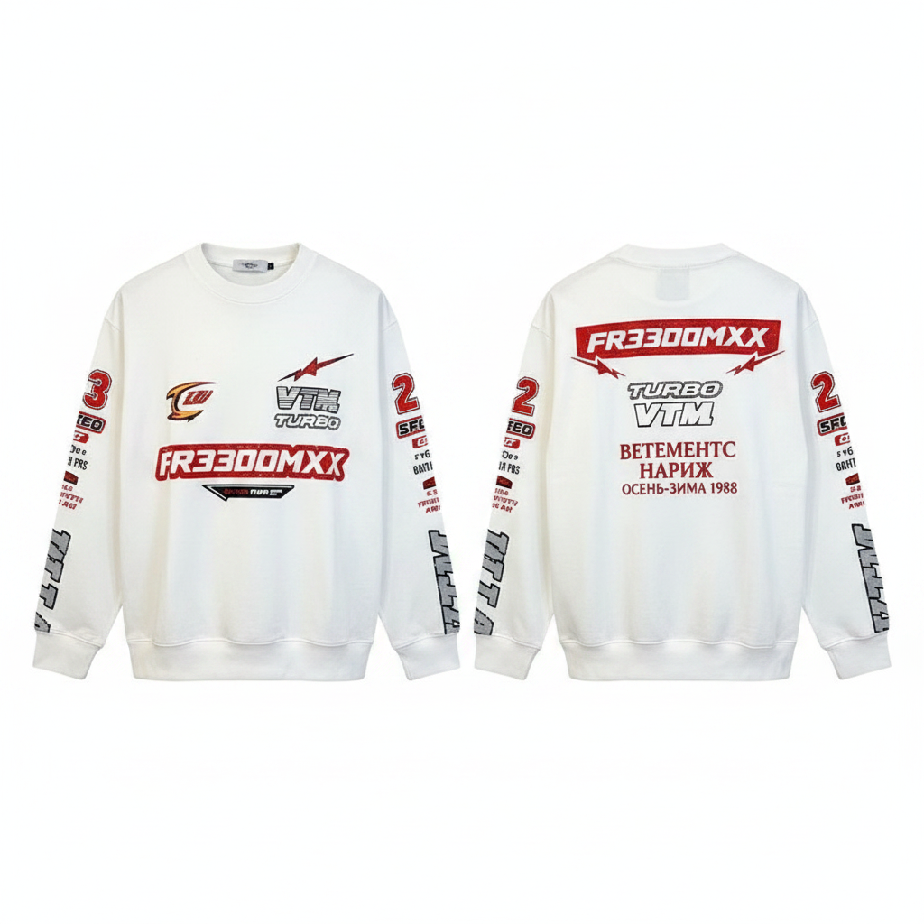 Men's white graphic long-sleeve sweatshirt top ghost mannequin front and back view