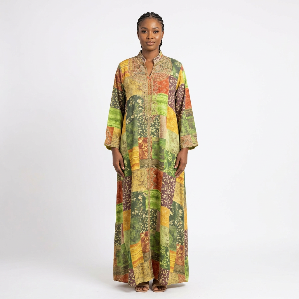 Black female model wearing the green patchwork-print embellished abaya
