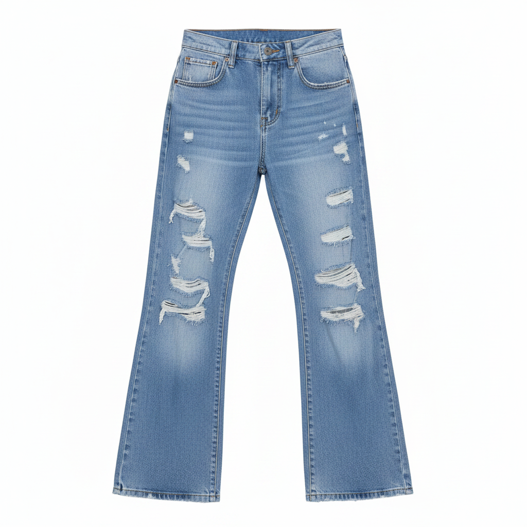 Men's light blue heavily distressed straight-leg jeans – ghost mannequin front view