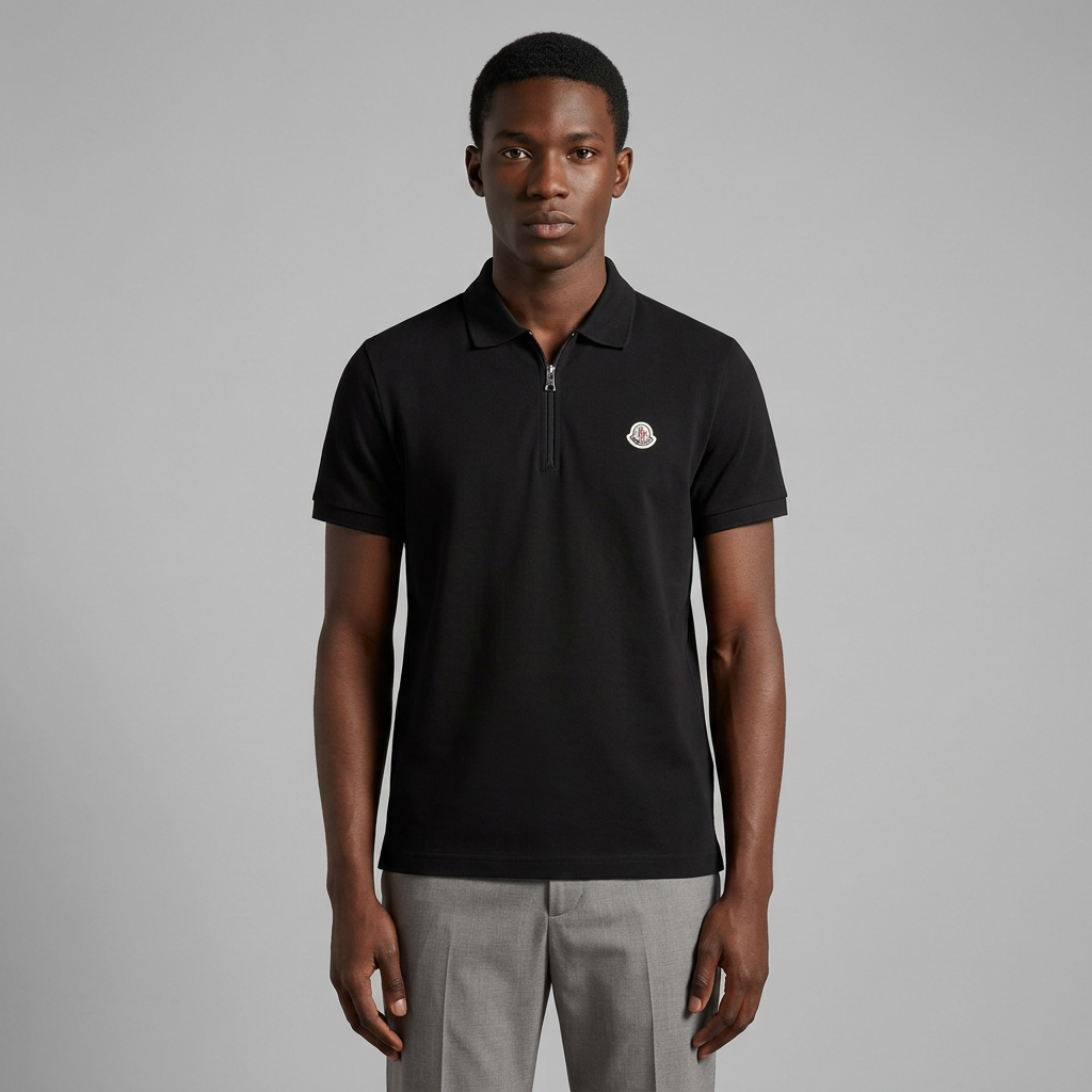 Nigerian man wearing black emblem-detail zip-neck polo