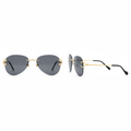 Unisex rimless aviator sunglasses with gold engraved bridge and dark grey lenses – front and side ghost mannequin view on white background
