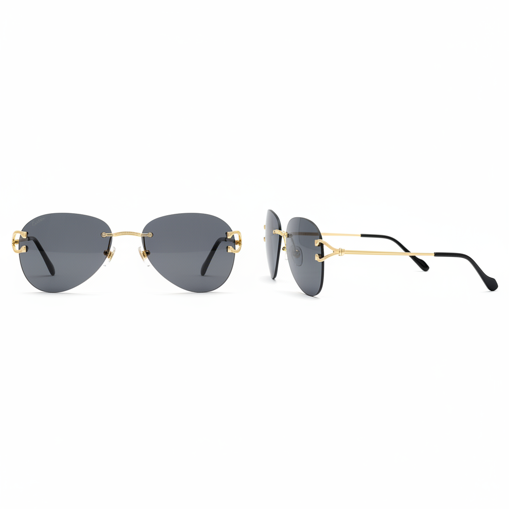 Unisex rimless aviator sunglasses with gold engraved bridge and dark grey lenses – front and side ghost mannequin view on white background