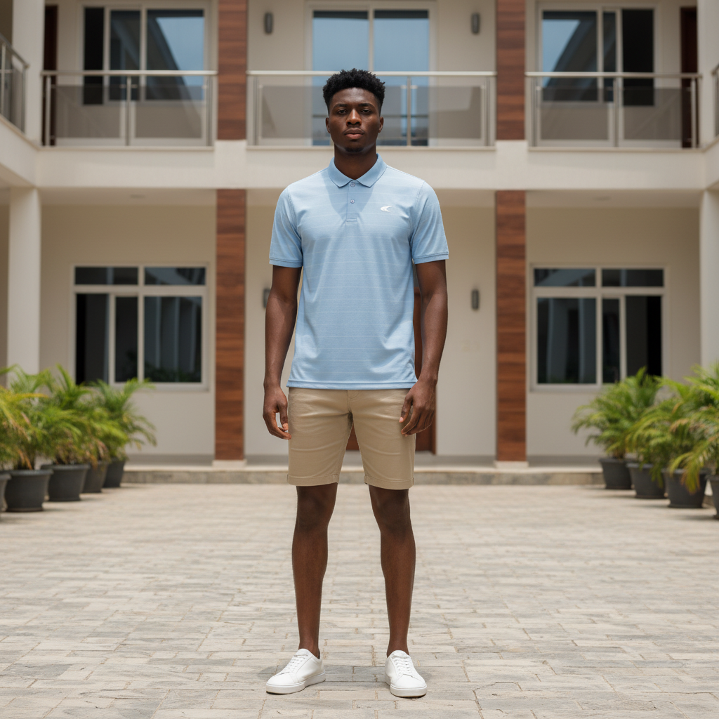 Young Nigerian male model wearing sky blue eagle logo polo shirt