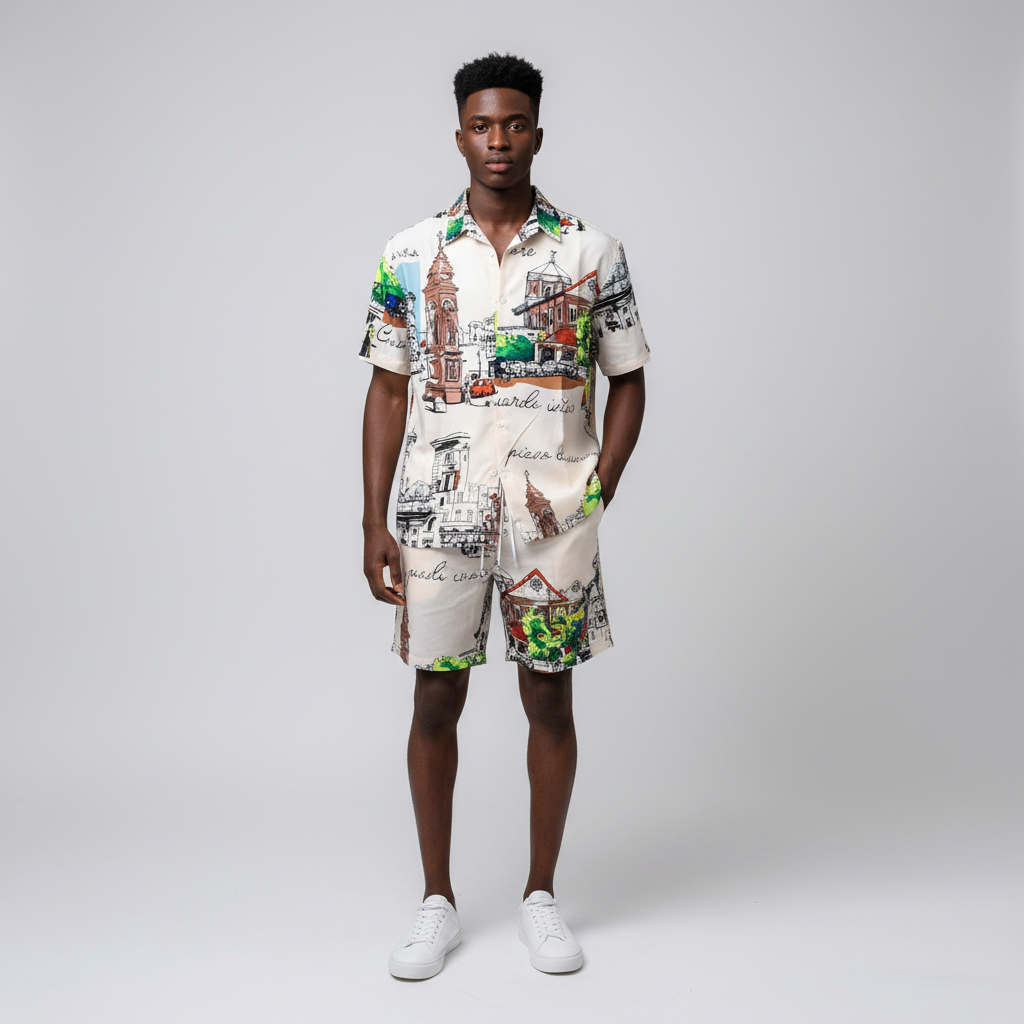 African Nigerian male model wearing men's Italian cityscape print beach co-ord set