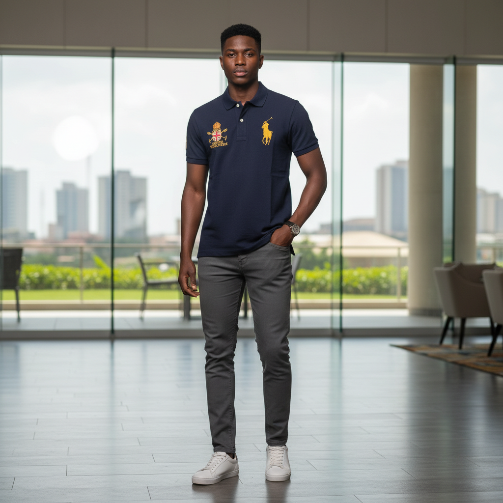 Nigerian male model wearing navy polo shirt with gold crest embroidery