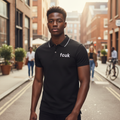 Black White Tipped Collar Logo Polo Shirt on Nigerian male model