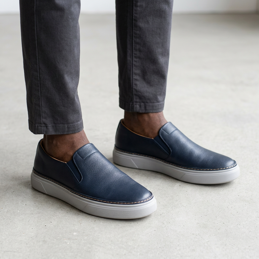Model wearing navy pebbled slip-on shoes with charcoal chinos