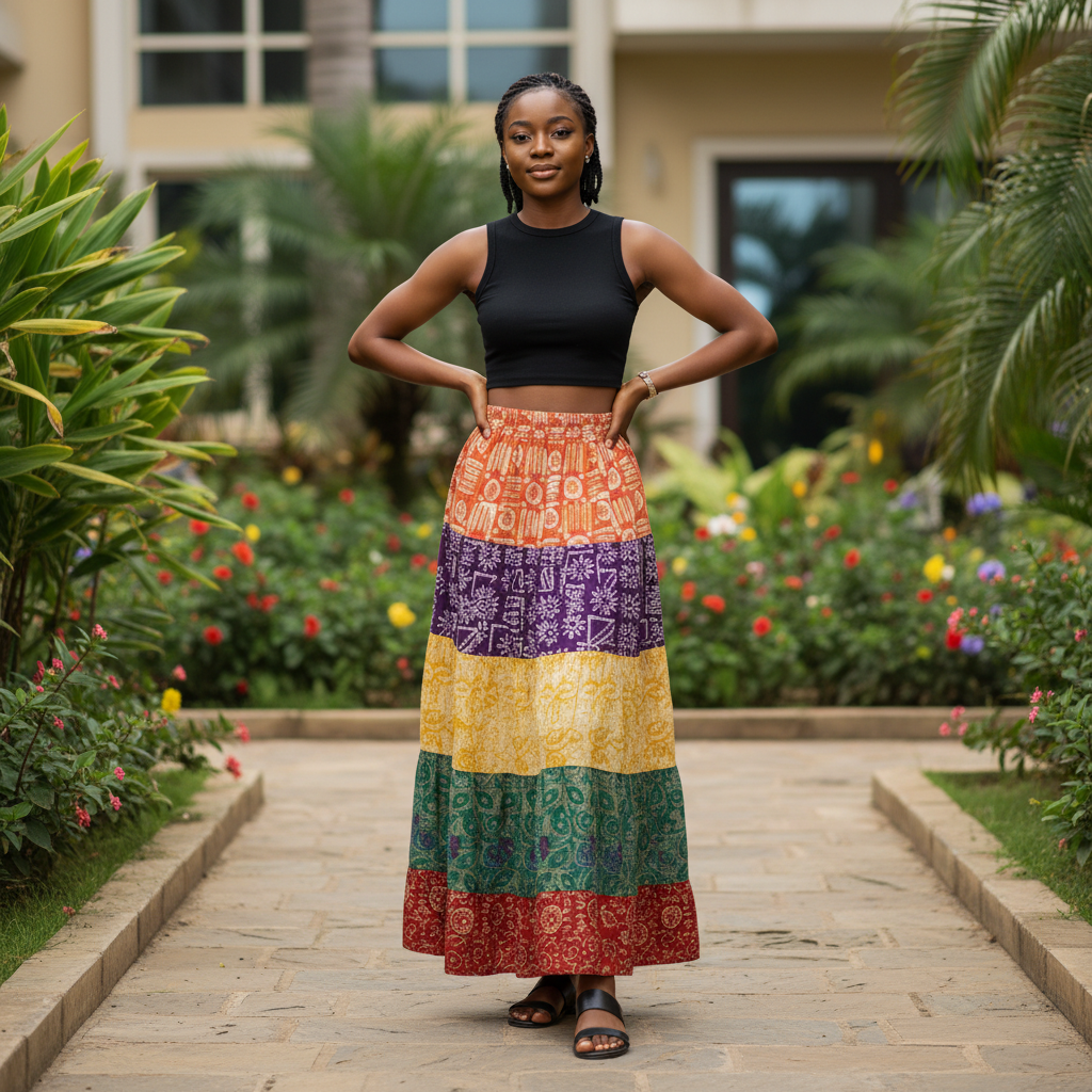 Model Shot – Multicolour Patchwork Tiered Maxi Skirt