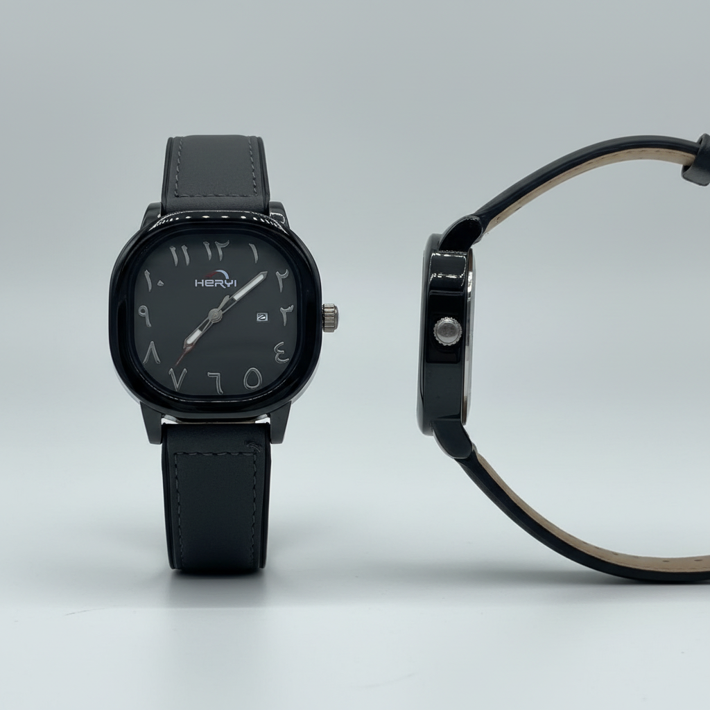 Charcoal-grey dial watch with black case and dark grey leather strap shown from the front and side