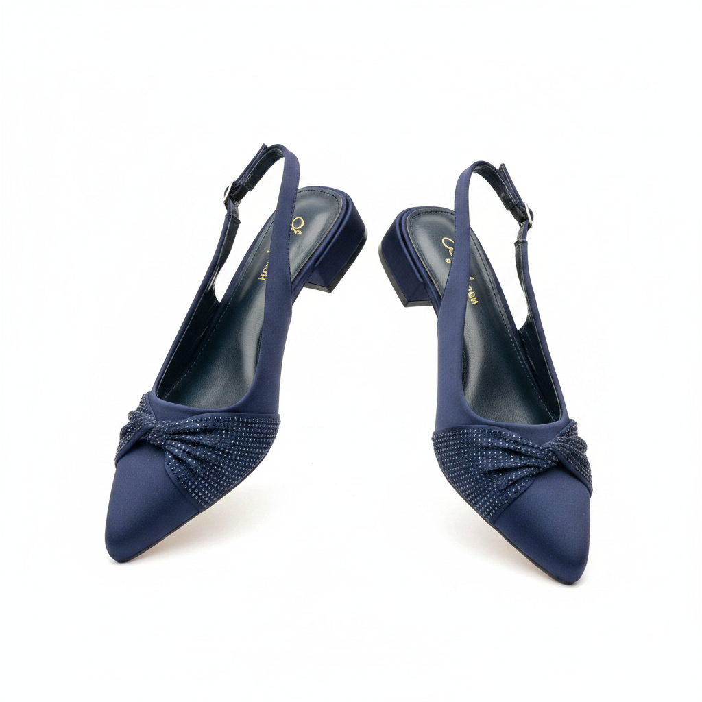 Women's navy blue crystal bow pointed-toe slingback block heel sandal — ghost mannequin pair view