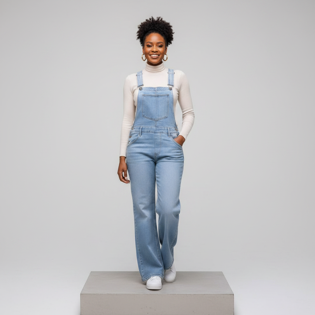Light Blue Wide-Leg Denim Dungarees – Front Model