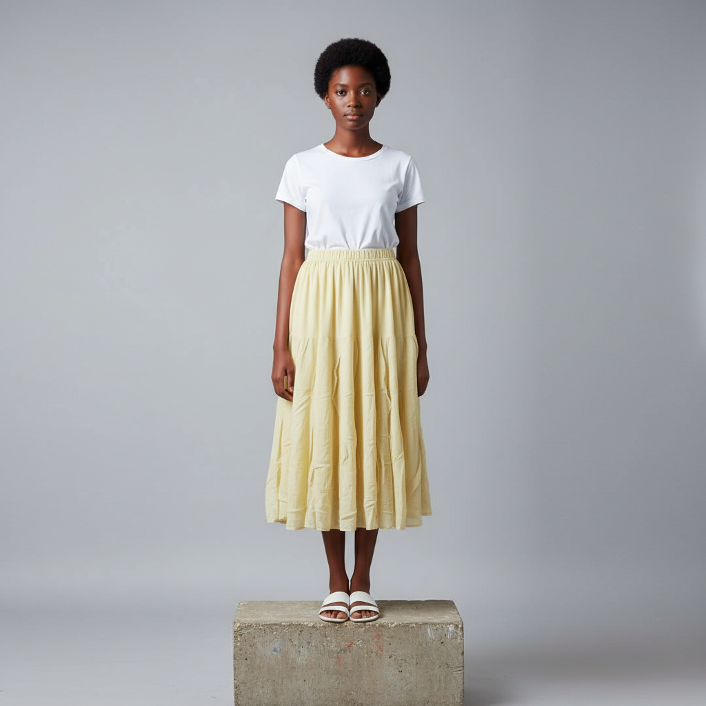 Butter Yellow Flowy Gathered Midi Skirt - Model Shot