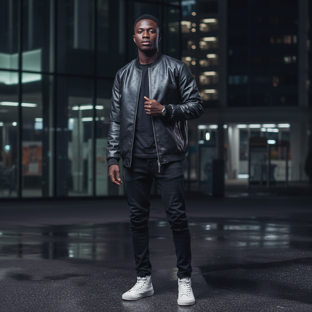 Male model wearing all-black embossed monogram leather bomber jacket