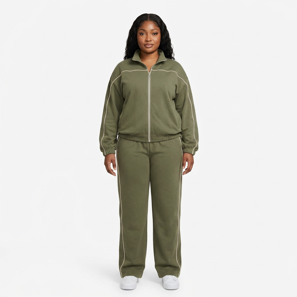 Black adult model wearing an olive contrast-piping tracksuit set