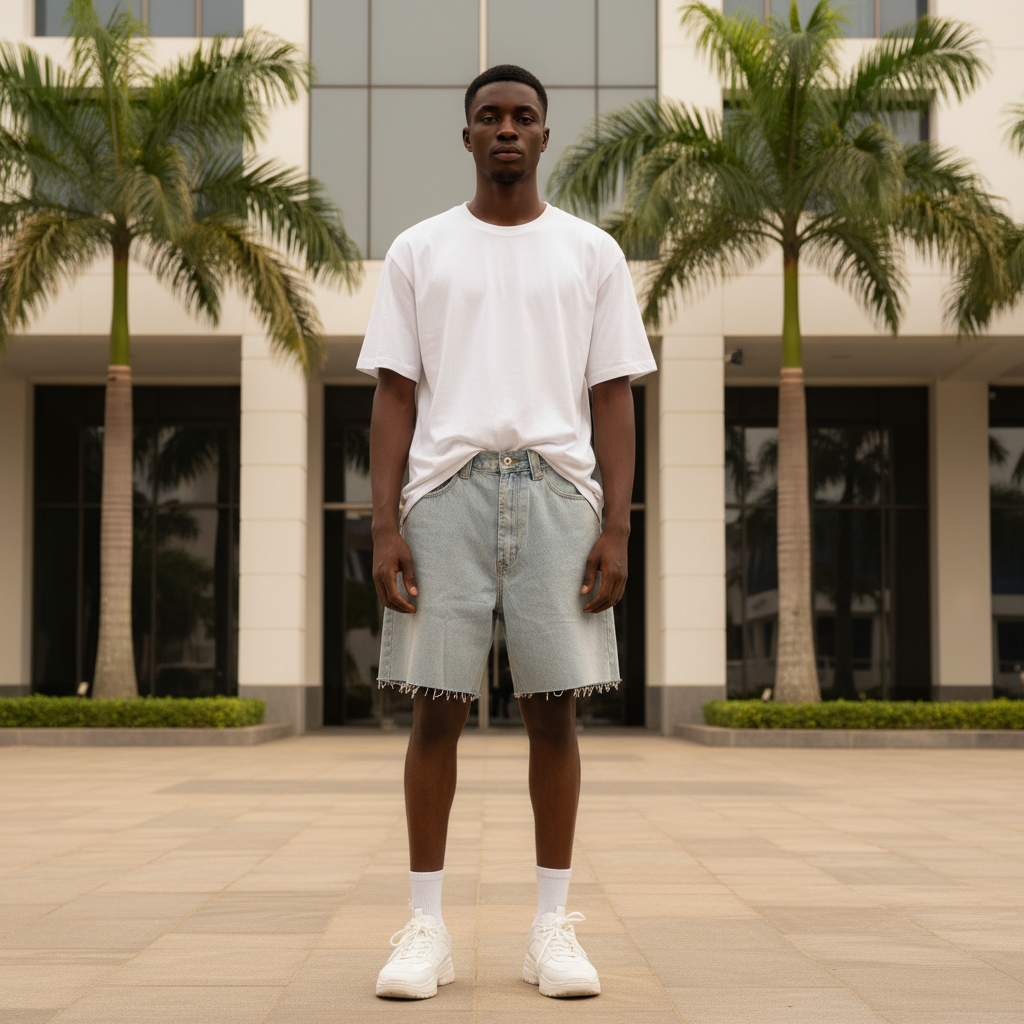Model wearing baggy light wash cut-off denim shorts