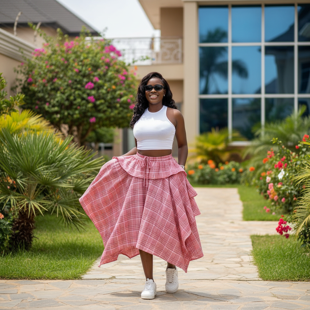 Model Shot – Pink Plaid Asymmetric Handkerchief Midi Skirt