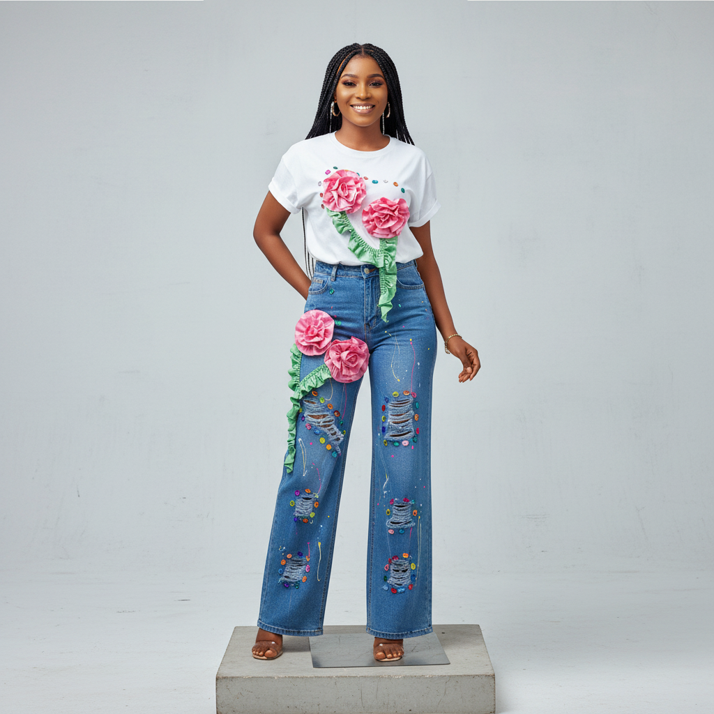Nigerian female model wearing 3D Rose Appliqué Embellished Denim Co-ord Set - front view