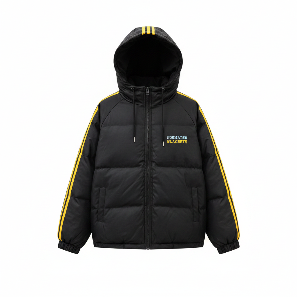 Men's Black & Yellow Stripe Padded Puffer Hooded Jacket – Ghost Mannequin Front View