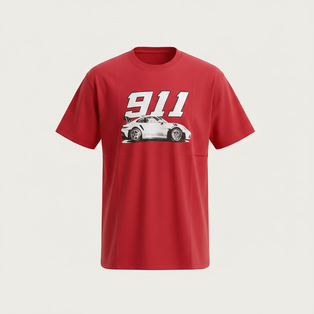 Men's red 911 car graphic T-shirt on a ghost mannequin