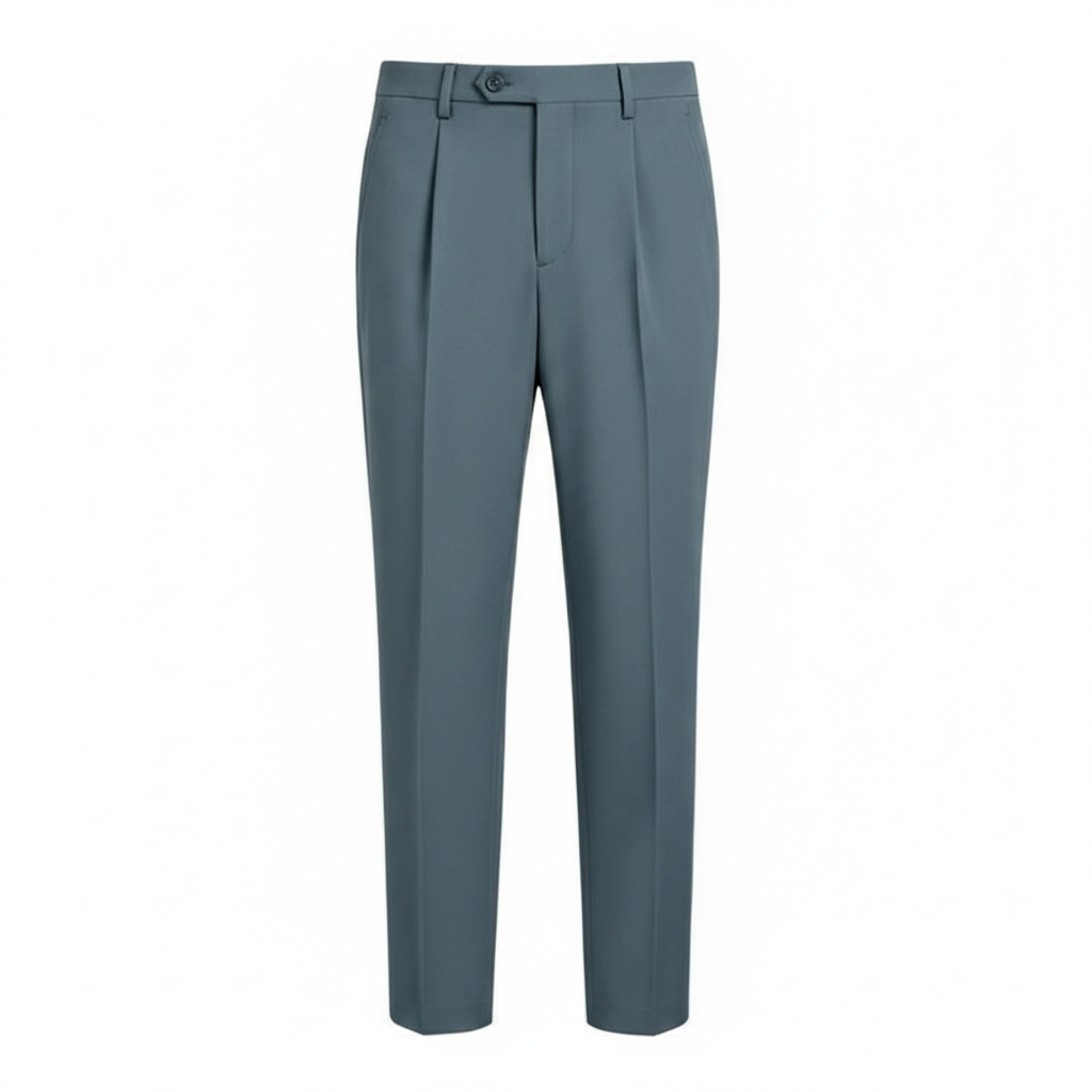 Steel Blue Pleated Tapered Trousers - Ghost Mannequin Front