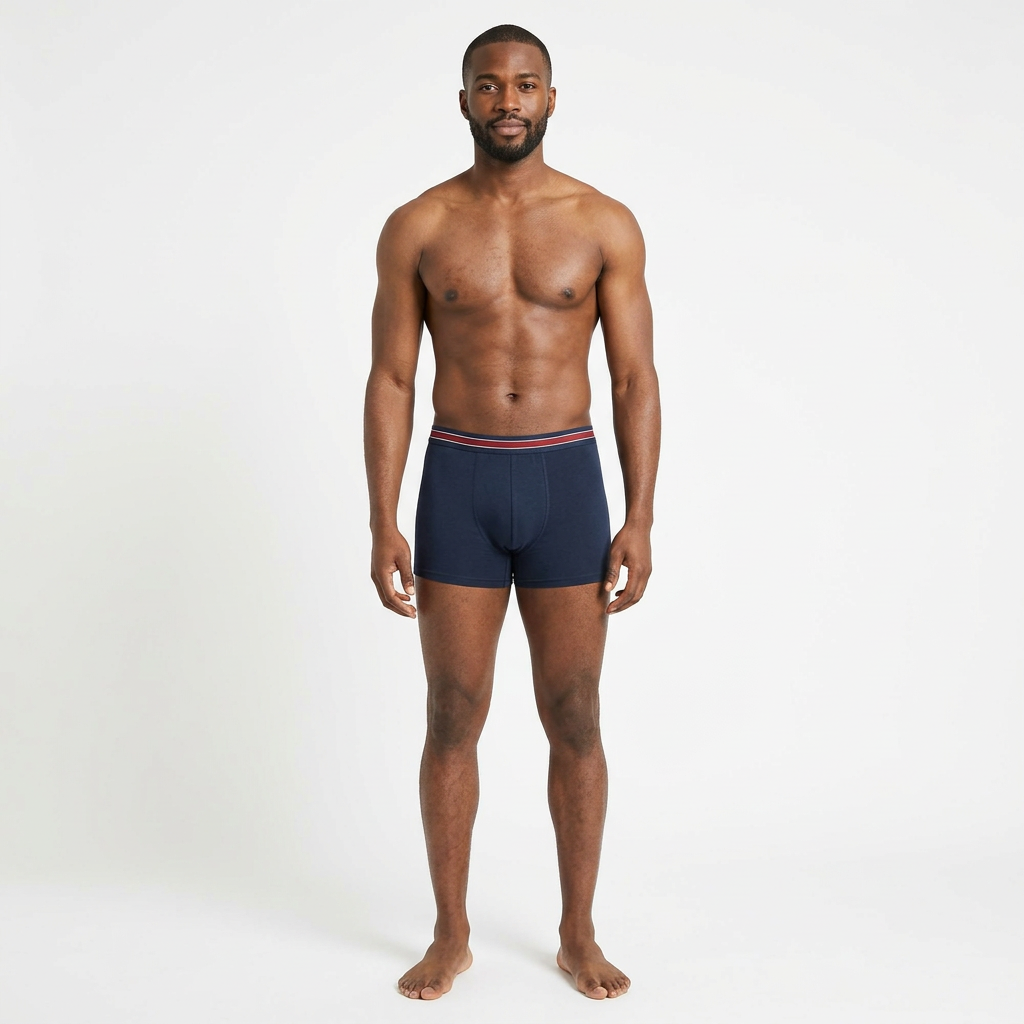 AI-generated adult model wearing navy boxer briefs with red-and-white trim