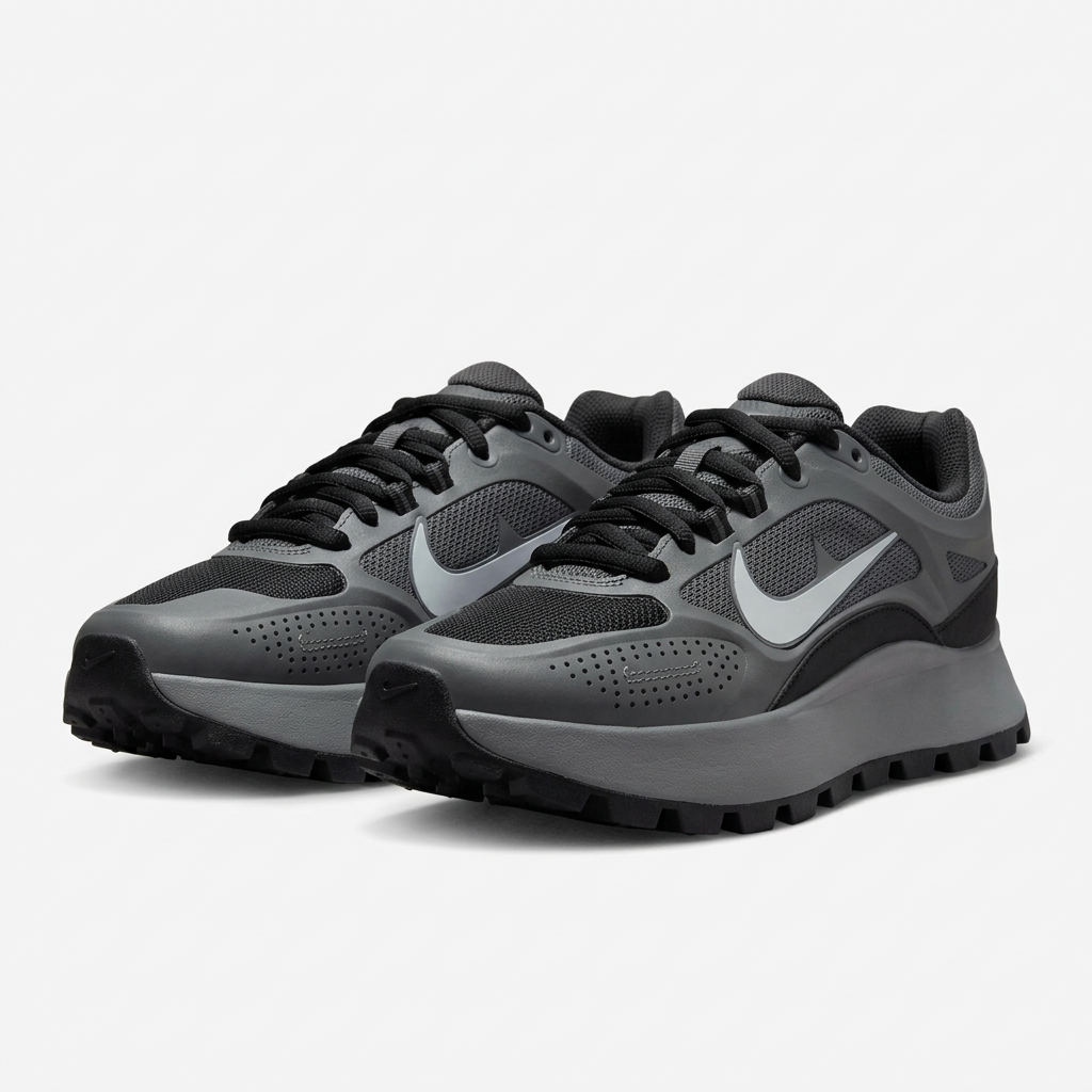 Pair of charcoal mesh-panel chunky-sole sneakers on white background