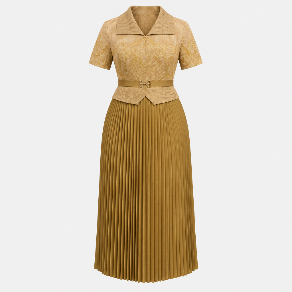 Gold collared dress with pleated skirt on invisible mannequin