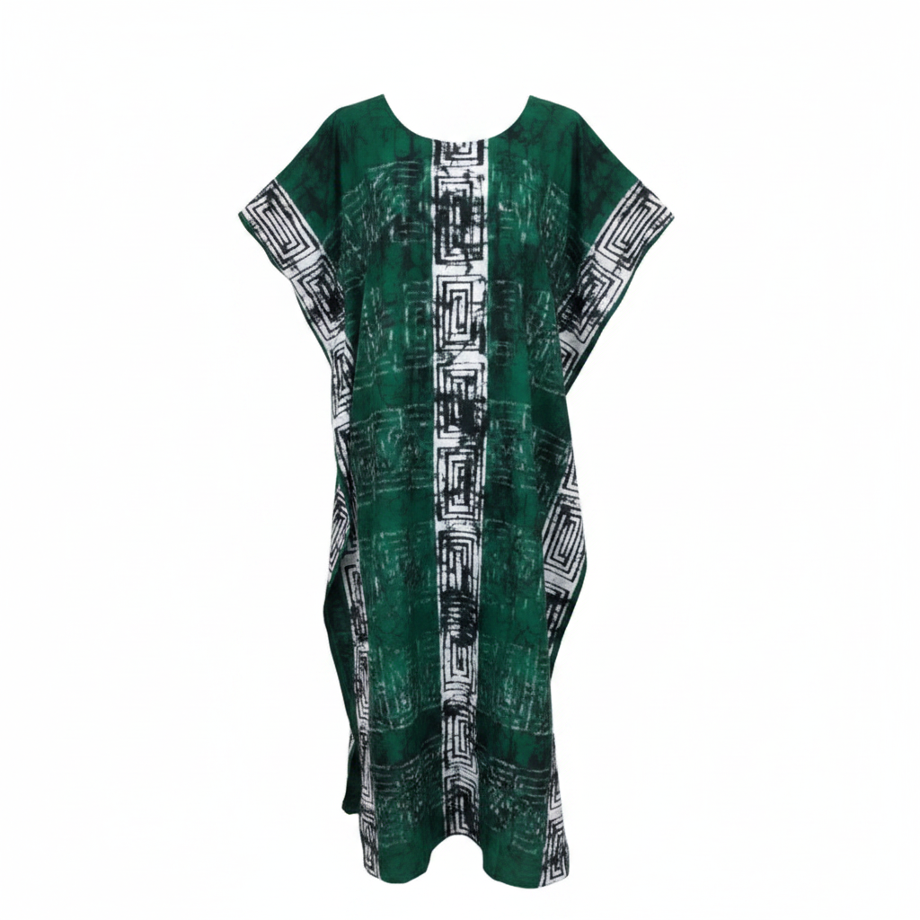 Ghost mannequin view of women's green bubu dress with black and white tribal print panel